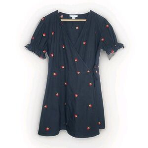 Never Fully Dressed Black Strawberry Embroidered Cotton Wrap Tie Mini Dress XL
